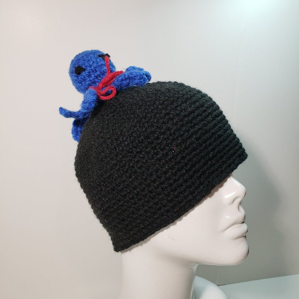 New Handmade Amigurumi Crochet Black with Blue Octopus Cartoon Hat Beanie Cute